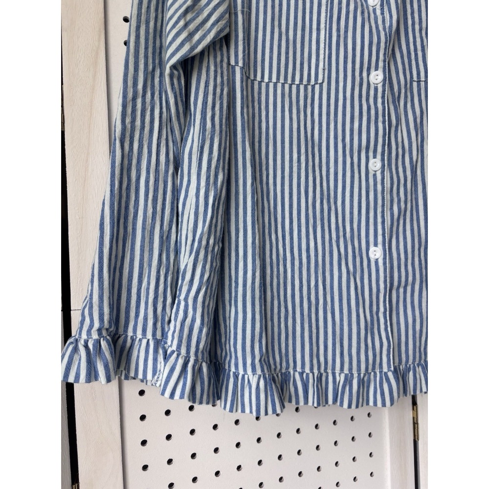 Unbranded Women's Lg Striped Blue White Button Down Chambray Shirt Ruffle Cotton - Picture 4 of 6